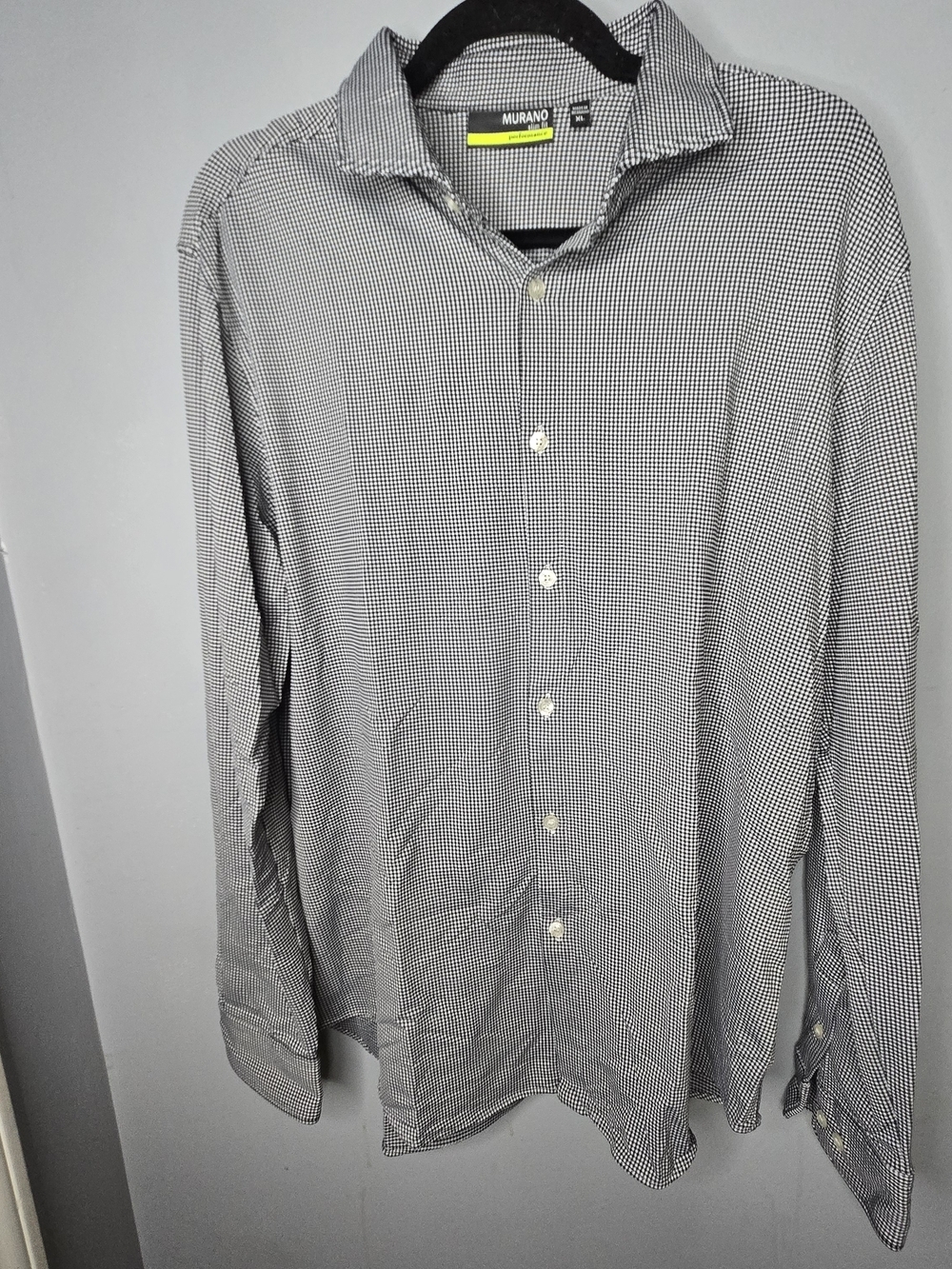 Murano Slim Fit Performance Button Down Shirt XL Black White Micro Check Stretch